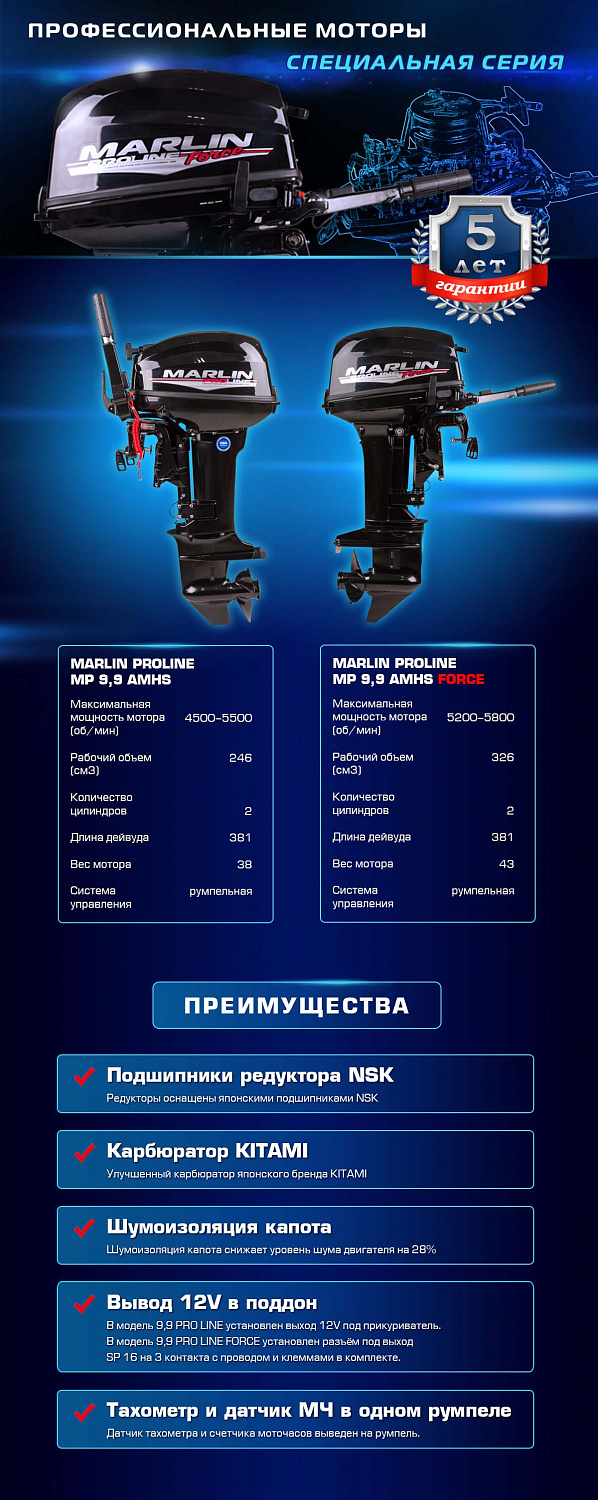 Лодочный мотор MARLIN PROLINE MP 9.9 (20) AMHS FORCE в Омске